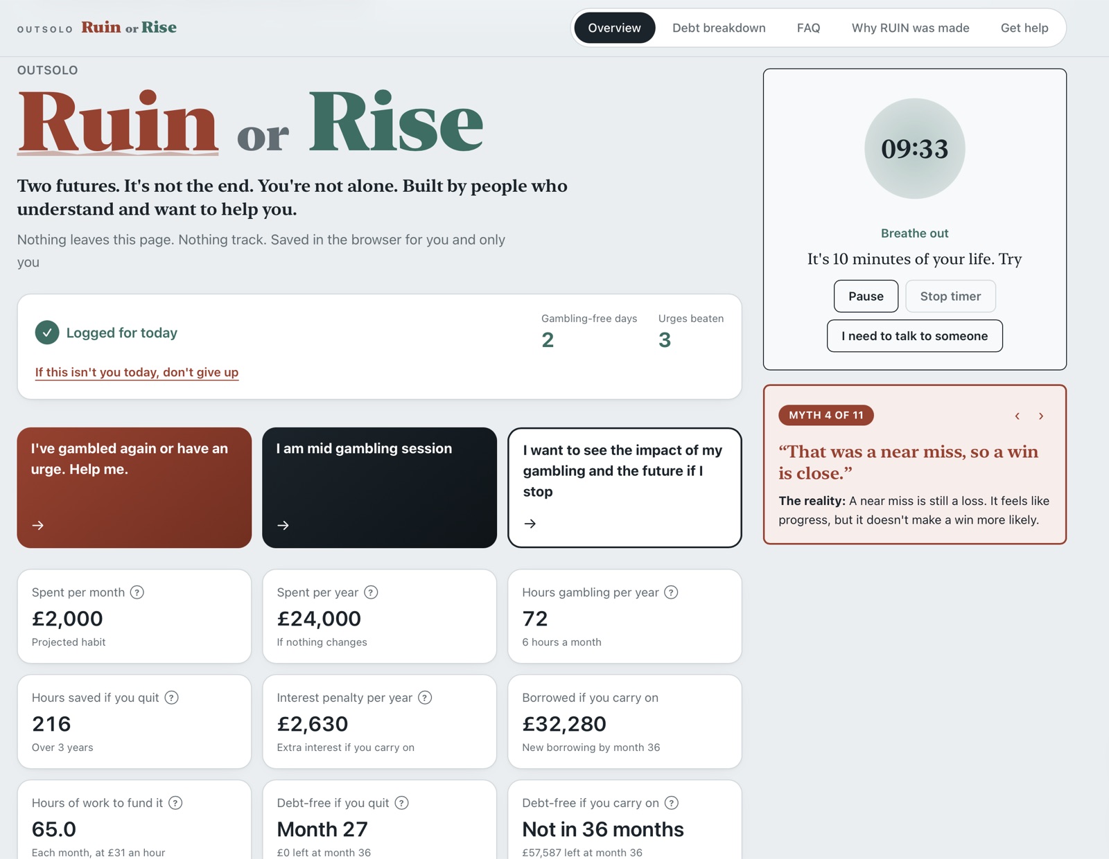 Ruin or Rise screen: Home screen